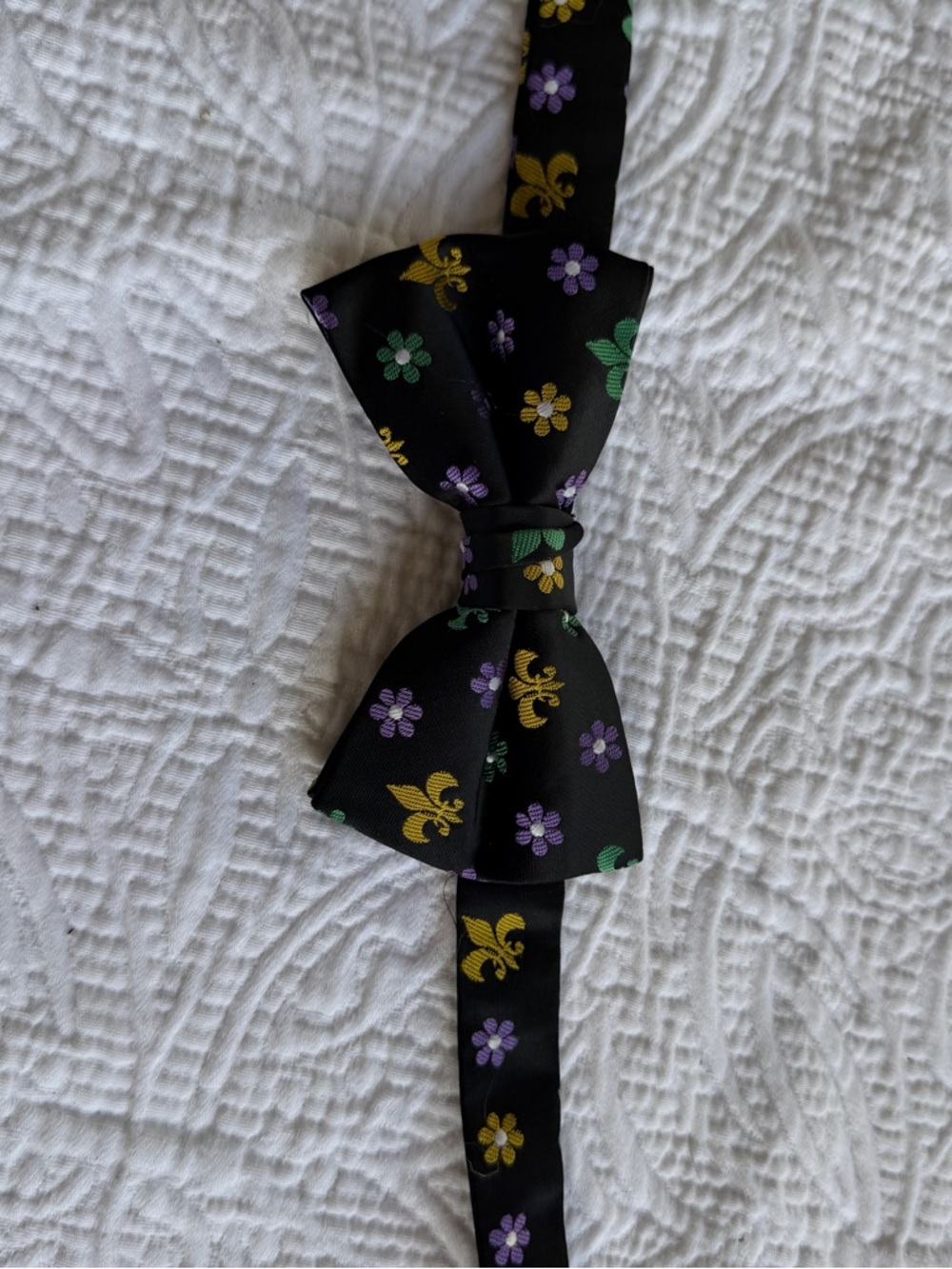 Black Bow Tie with Purple, Green and Gold Floral Accents